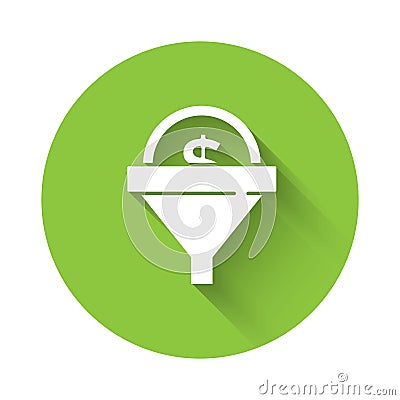 White Lead management icon isolated with long shadow. Funnel with money. Target client business concept. Green circle Vector Illustration