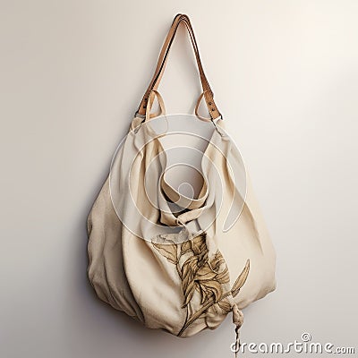 Beige Leather Lily Hobo Style Shoulder Bag With Atmospheric Inkwork Design Stock Photo