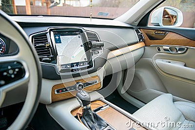 White leather and bright wood Volvo XC90 interior Editorial Stock Photo