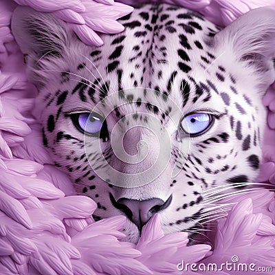 White Leopard In Purple Flowers: Realistic Fantasy Artwork Cartoon Illustration