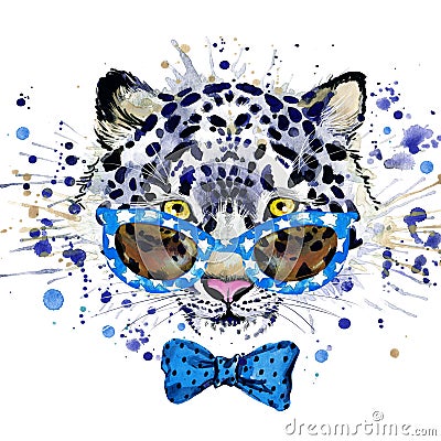 white leopard T-shirt graphics. cool leopard illustration with splash watercolor textured background. unusual illustration water Cartoon Illustration