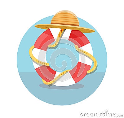 White lifebuoy with red stripes and rope Vector Illustration