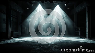 White light beams creating a dynamic display to form an immersive atmosphere in a dark space Stock Photo