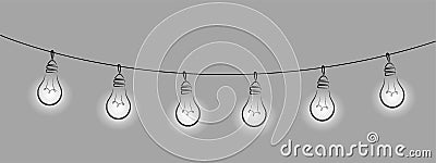 string of outdoor lights, white light bulb garland, black line isolated vector decoration, holiday lamps for wedding or Vector Illustration