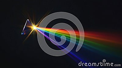 White light is dispersing into the visible color spectrum as it passes through a triangular prism on a black background Stock Photo