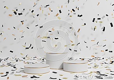 White, light gray, black and white 3D rendering product display three podiums stands with colorful confetti celebration Stock Photo