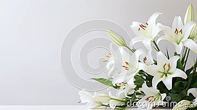 White Lilies on Pastel Background. Easter Serenity. Christian symbolism. Stock Photo