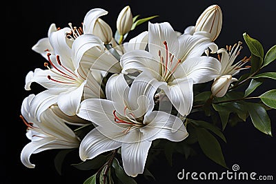 Black funeral ribbon and white lily flowers on dark background Stock Photo