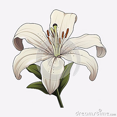 White Lily Illustration On White Background - Realistic Anatomies Cartoon Illustration
