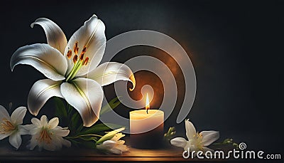white lily with white rose candle with black background Stock Photo