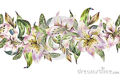 White Lily Seamless Border, Watercolor Royal Lilies Flowers, Vintage Floral Texture Stock Photo