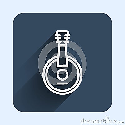 White line Banjo icon isolated with long shadow background. Musical instrument. Blue square button. Vector Vector Illustration