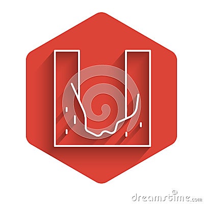 White line Cemetery digged grave hole icon isolated with long shadow. Red hexagon button. Vector Vector Illustration