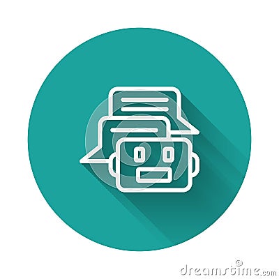 White line Chat bot icon isolated with long shadow background. Chatbot icon. Green circle button. Vector Vector Illustration