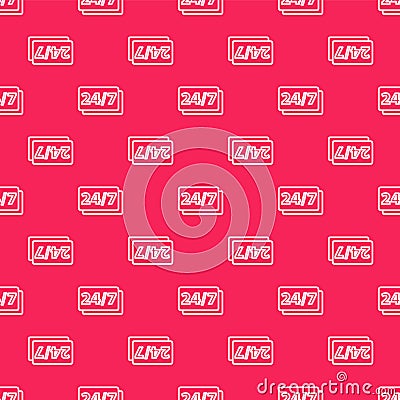 White line Clock 24 hours icon isolated seamless pattern on red background. All day cyclic icon. 24 hours service symbol Vector Illustration