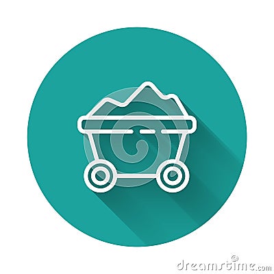 White line Coal mine trolley icon isolated with long shadow. Factory coal mine trolley. Green circle button. Vector Vector Illustration