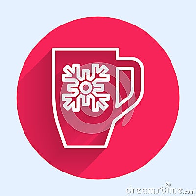 White line Coffee cup with snowflake icon isolated with long shadow. Tea cup. Hot drink coffee. Merry Christmas and Vector Illustration