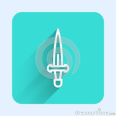 White line Dagger icon isolated with long shadow. Knife icon. Sword with sharp blade. Green square button. Vector Vector Illustration