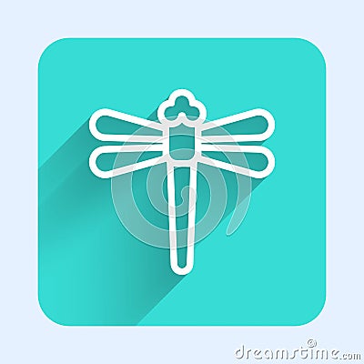 White line Dragonfly icon isolated with long shadow. Green square button. Vector Vector Illustration