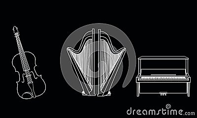 White line drawing of outline violin, harp and piano musical instrument contour Vector Illustration