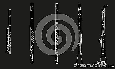 White line drawings of outline piccolo, flute, alto flute, oboe and english horn musical instrument contour Vector Illustration