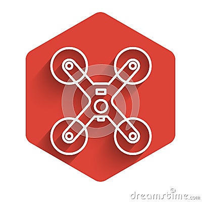 White line Drone flying icon isolated with long shadow. Quadrocopter with video and photo camera symbol. Red hexagon Vector Illustration