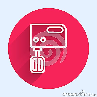 White line Electric mixer icon isolated with long shadow. Kitchen blender. Red circle button. Vector Vector Illustration