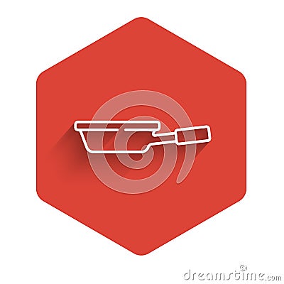 White line Frying pan icon isolated with long shadow. Fry or roast food symbol. Red hexagon button. Vector Vector Illustration