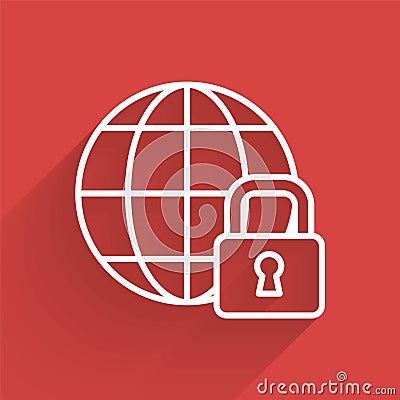 White line Global lockdown - locked globe icon isolated with long shadow. Vector Vector Illustration