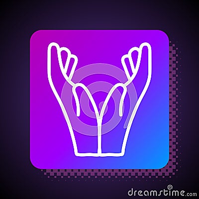 White line Hands in praying position icon isolated on black background. Prayer to god with faith and hope. Square color Vector Illustration