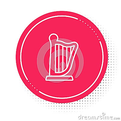 White line Harp icon isolated on white background. Classical music instrument, orhestra string acoustic element. Red Vector Illustration