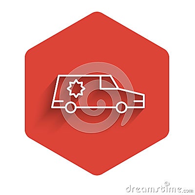 White line Hearse car icon isolated with long shadow. Red hexagon button. Vector Vector Illustration