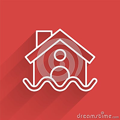 White line House flood icon isolated with long shadow. Home flooding under water. Insurance concept. Security, safety Vector Illustration