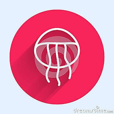 White line Jellyfish icon isolated with long shadow. Red circle button. Vector Vector Illustration