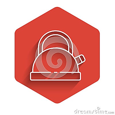 White line Kettle with handle icon isolated with long shadow. Teapot icon. Red hexagon button. Vector Vector Illustration