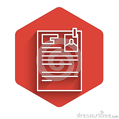 White line Lawsuit paper icon isolated with long shadow. Red hexagon button. Vector Illustration. Vector Illustration