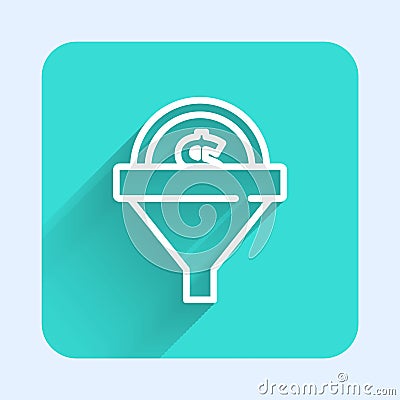 White line Lead management icon isolated with long shadow. Funnel with money. Target client business concept. Green Vector Illustration