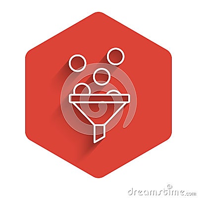 White line Lead management icon isolated with long shadow. Funnel with money. Target client business concept. Red Vector Illustration