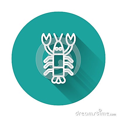 White line Lobster icon isolated with long shadow. Green circle button. Vector. Vector Illustration