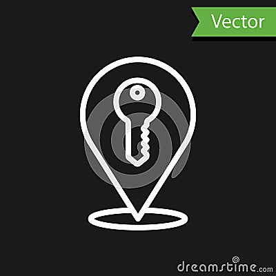 White line Location key icon isolated on black background. The concept of the house turnkey. Vector Vector Illustration