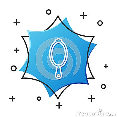 White line Magic hand mirror icon isolated on white background. Blue hexagon button Vector Illustration