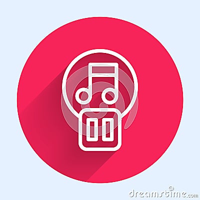 White line Pause button icon isolated with long shadow. Red circle button. Vector Vector Illustration