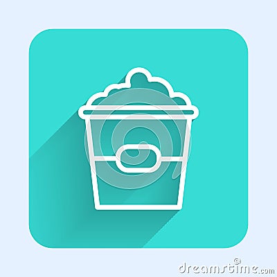 White line Popcorn in cardboard box icon isolated with long shadow. Popcorn bucket box. Green square button. Vector Vector Illustration