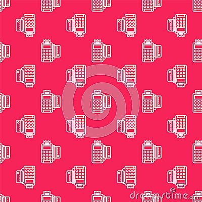 White line POS terminal with inserted credit card and printed reciept icon isolated seamless pattern on red background Vector Illustration