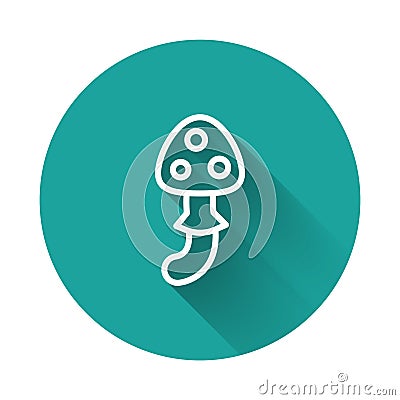 White line Psilocybin mushroom icon isolated with long shadow background. Psychedelic hallucination. Green circle button Vector Illustration