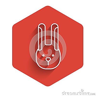 White line Rabbit with ears icon isolated with long shadow. Magic trick. Mystery entertainment concept. Red hexagon Vector Illustration