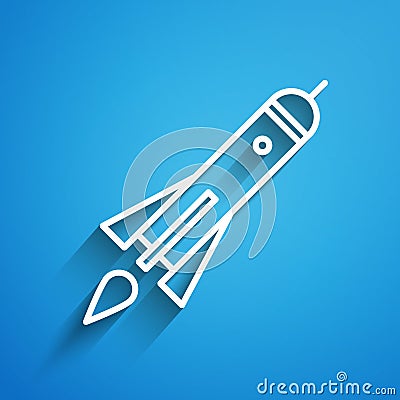 White line Rocket ship with fire icon isolated on blue background. Space travel. Long shadow Vector Illustration