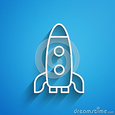 White line Rocket ship icon isolated on blue background. Space travel. Long shadow. Vector Vector Illustration