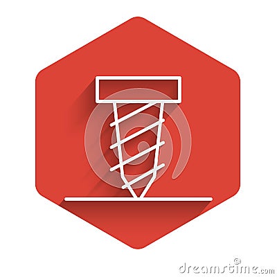 White line Rotating drill digging a hole in a ground icon isolated with long shadow. Red hexagon button. Vector Vector Illustration