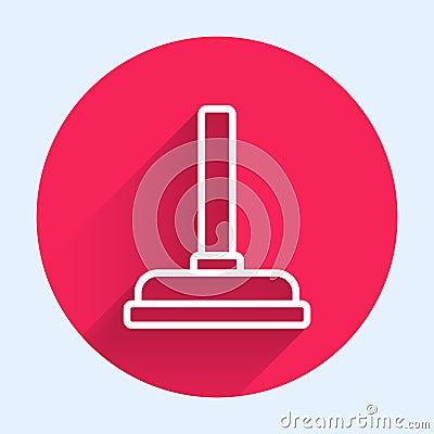 White line Rubber plunger with wooden handle for pipe cleaning icon isolated with long shadow. Toilet plunger. Red Stock Photo